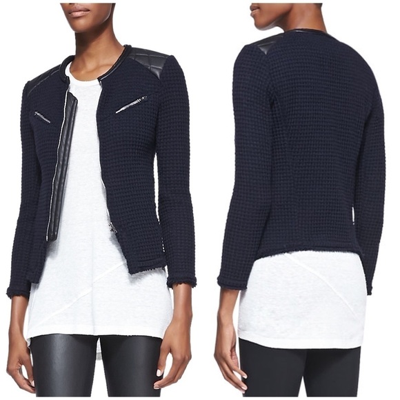 IRO Ceylona Navy Blue Waffle Pattern Knit Black Quilted Leather Edgy Zip Blazer - Picture 1 of 15